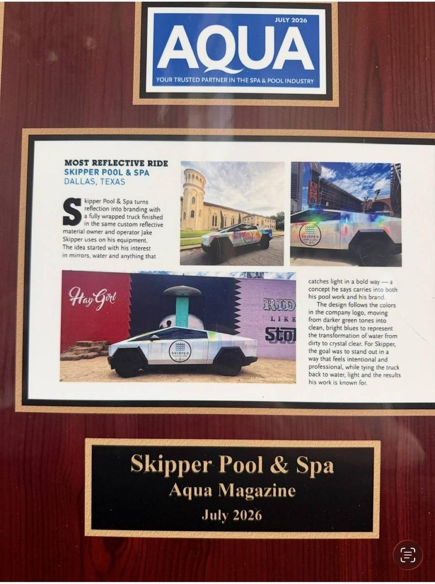 AQUA Magazine Most Reflective Ride plaque awarded to Skipper Pool & Spa, July 2026