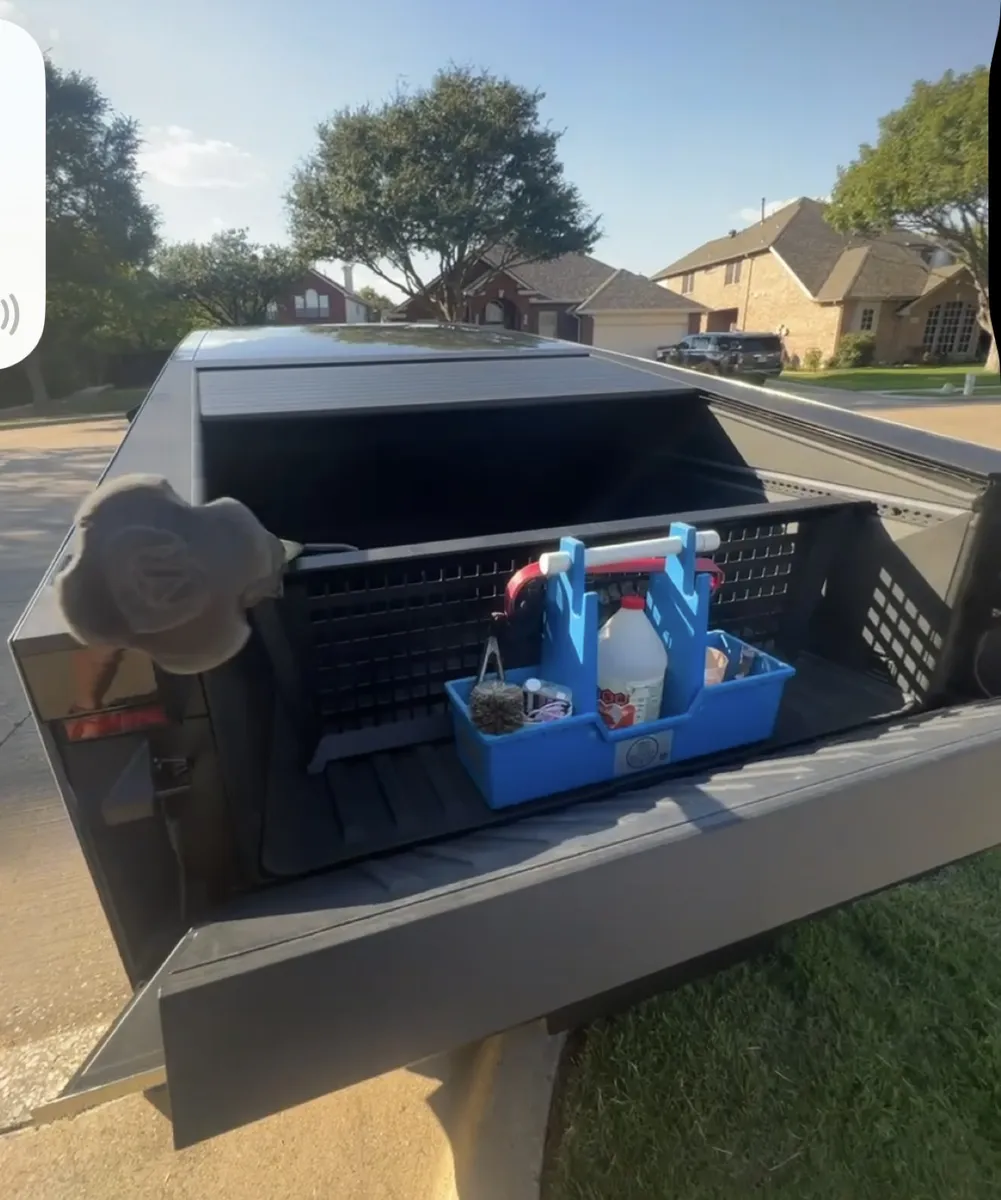 Cleaning supply caddy in the Cybertruck bed