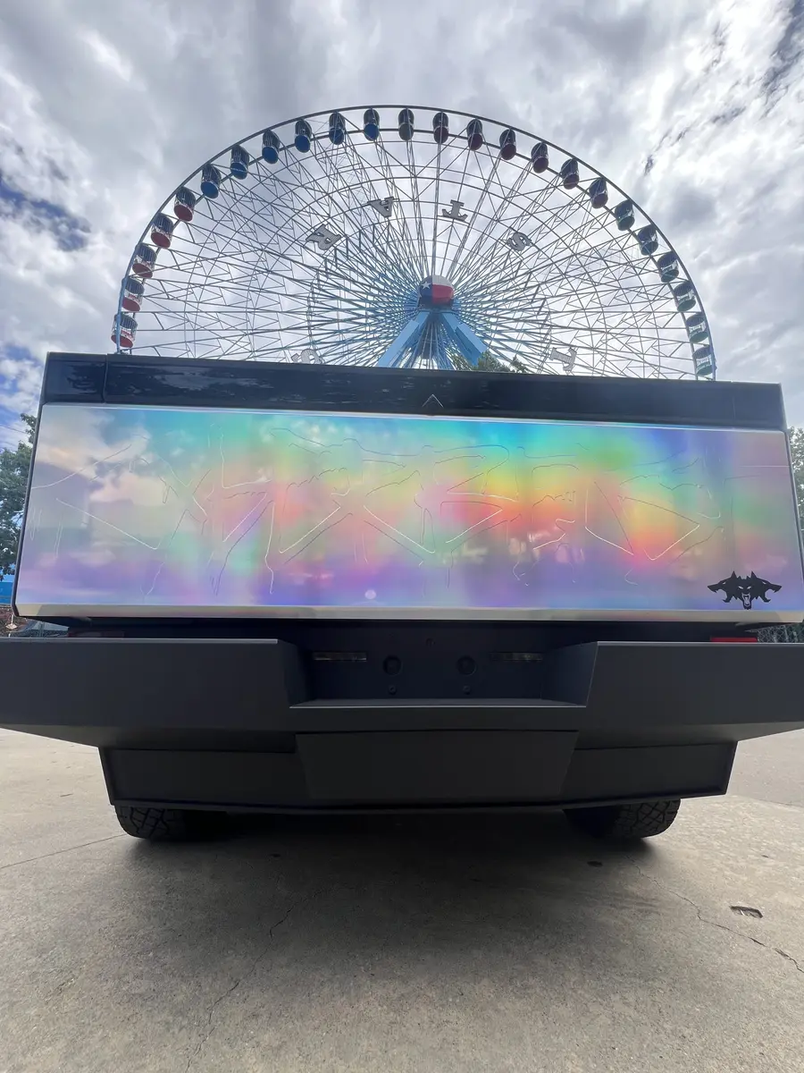 Holographic Cybertruck tailgate with the Texas Star Ferris wheel