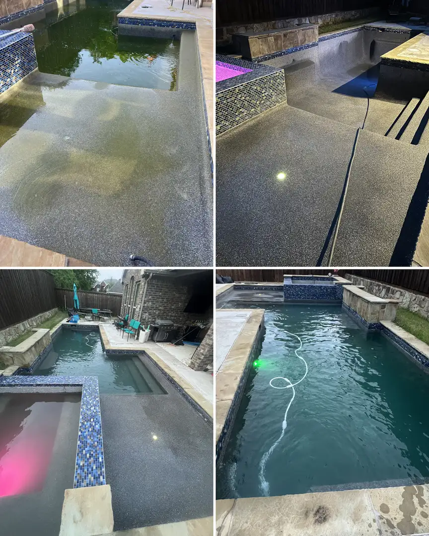 Same pool four ways: half-drained green water, drained with the pool light on, refilling with the spa light on, and refilled with a green light