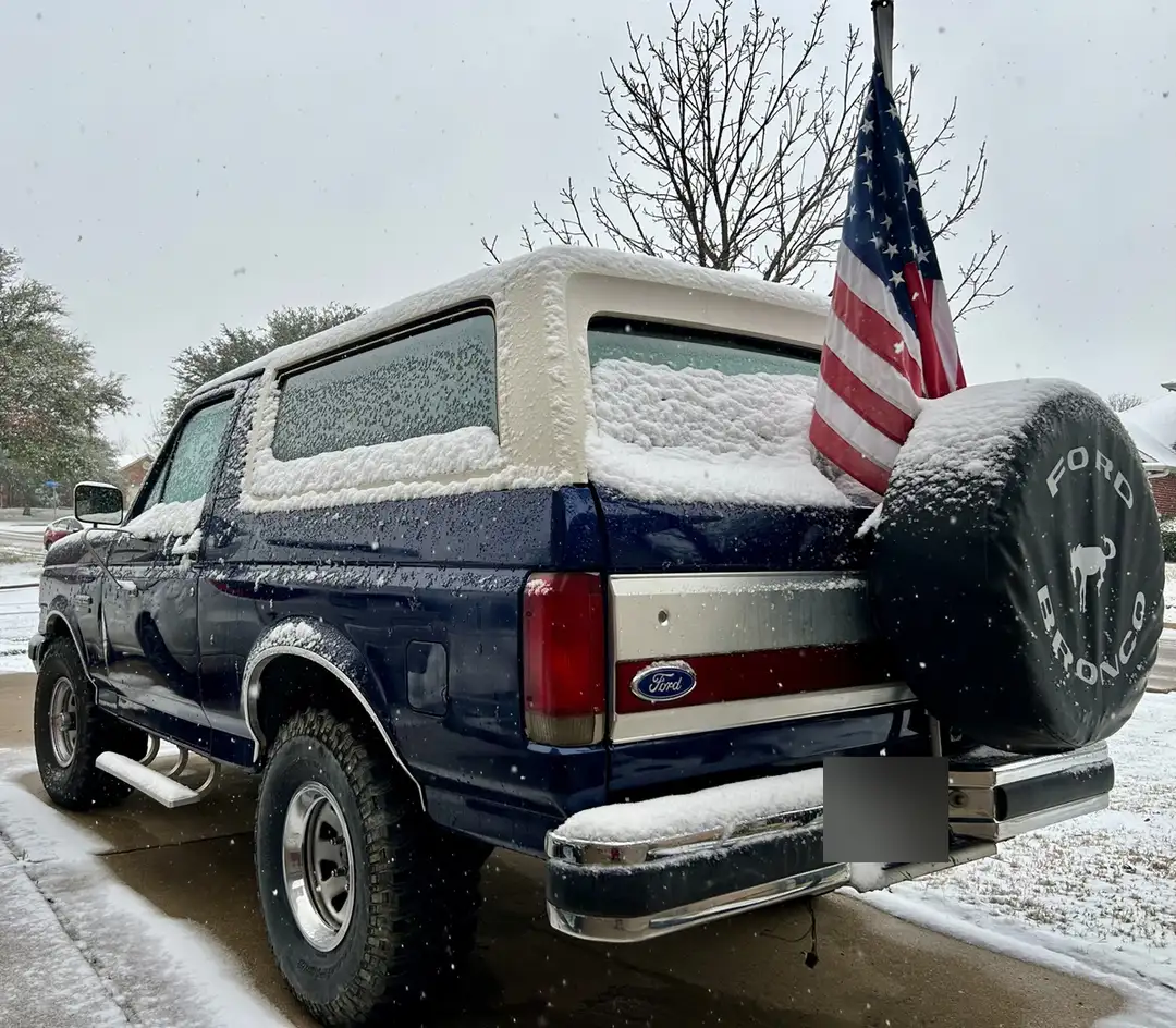 Skipper Bronco in the snow with the flag