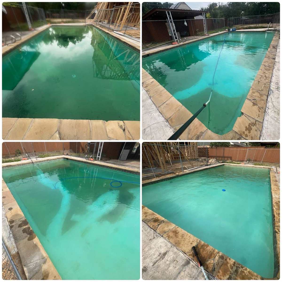 Before and after of green algae pool rescued to clear water