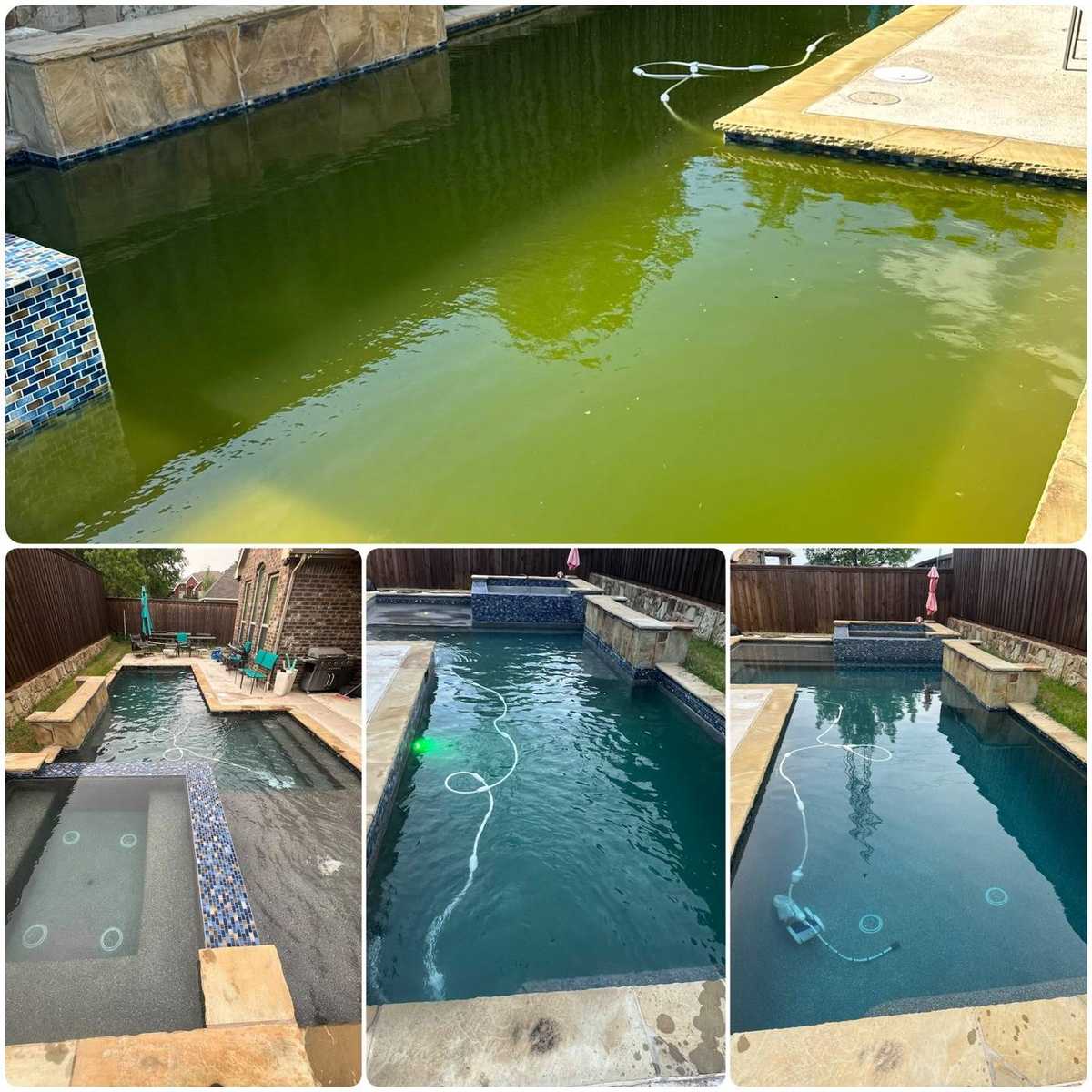 Before and after of green algae pool and spa rescued to clear water