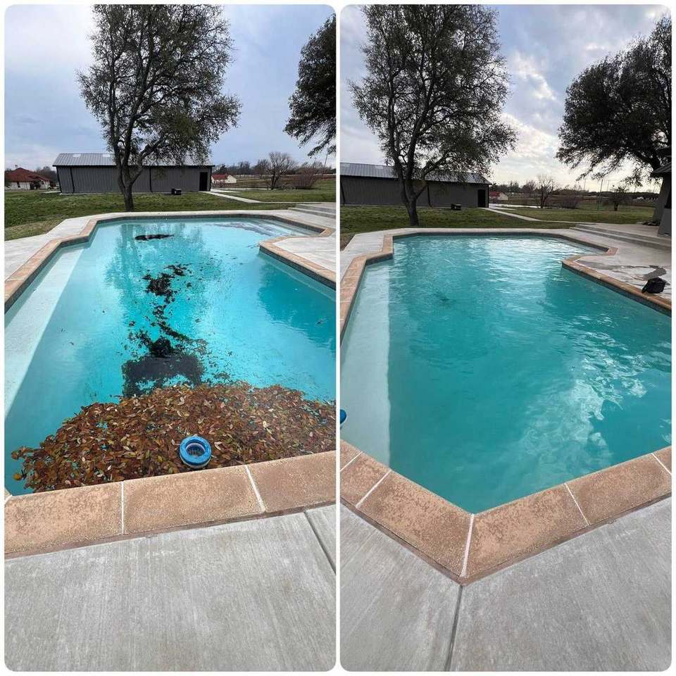 Before and after: leaf-covered in-ground pool cleaned up to clear blue water