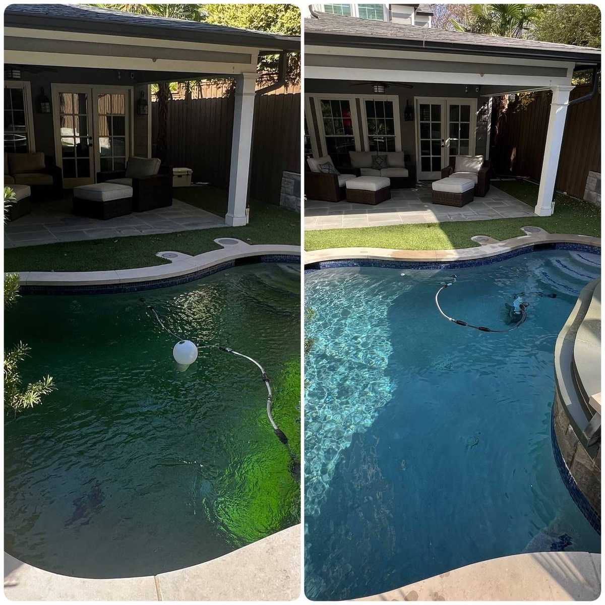 Vertical before and after green to clear pool rescue with covered patio behind