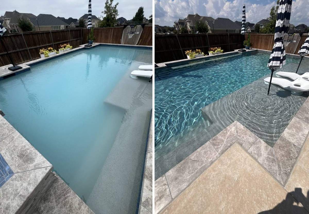 Before and after cloudy to crystal clear pool rescue