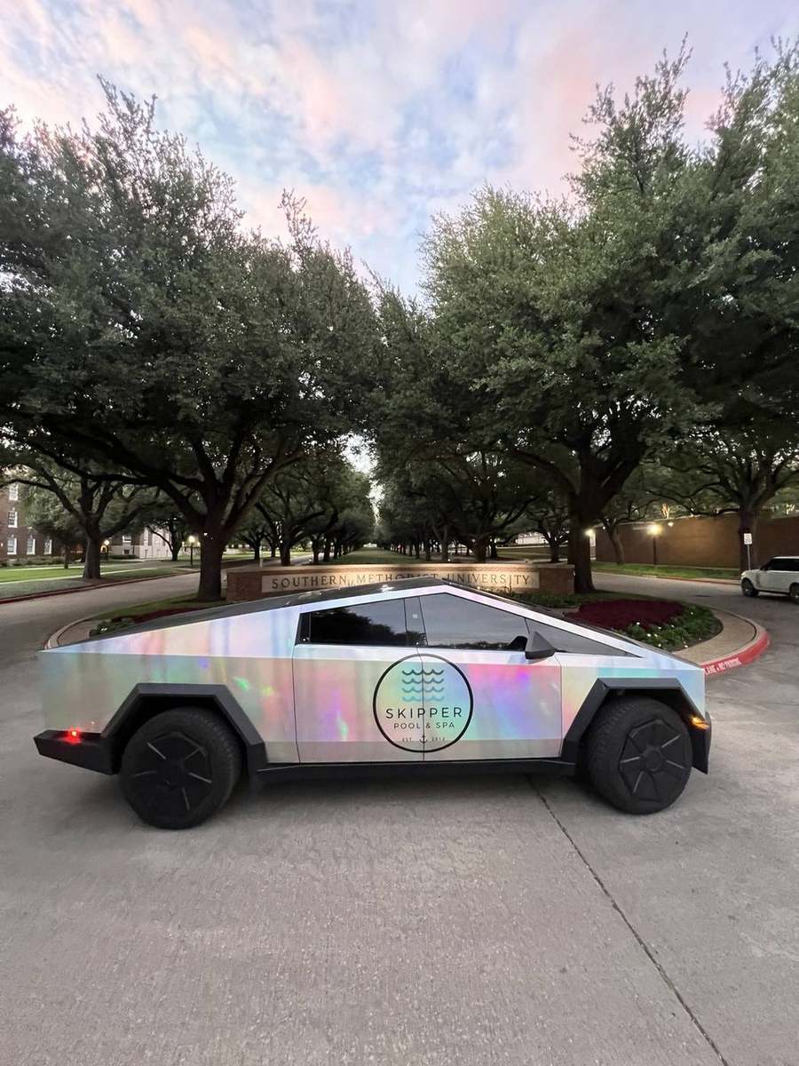 Skipper Pool & Spa Cybertruck wrap at SMU