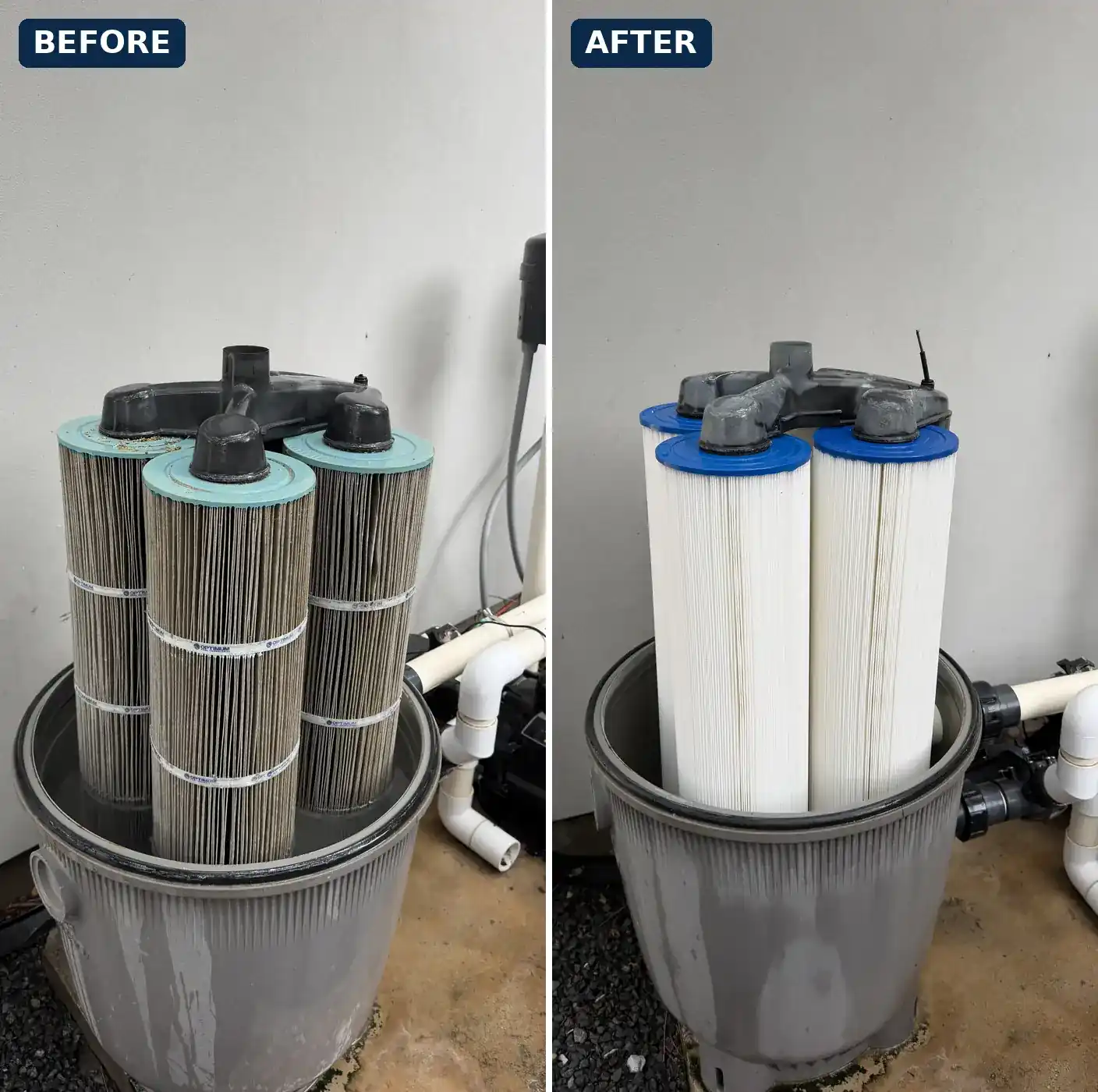 Before and after: dirty cartridge filter elements and the same filter cleaned