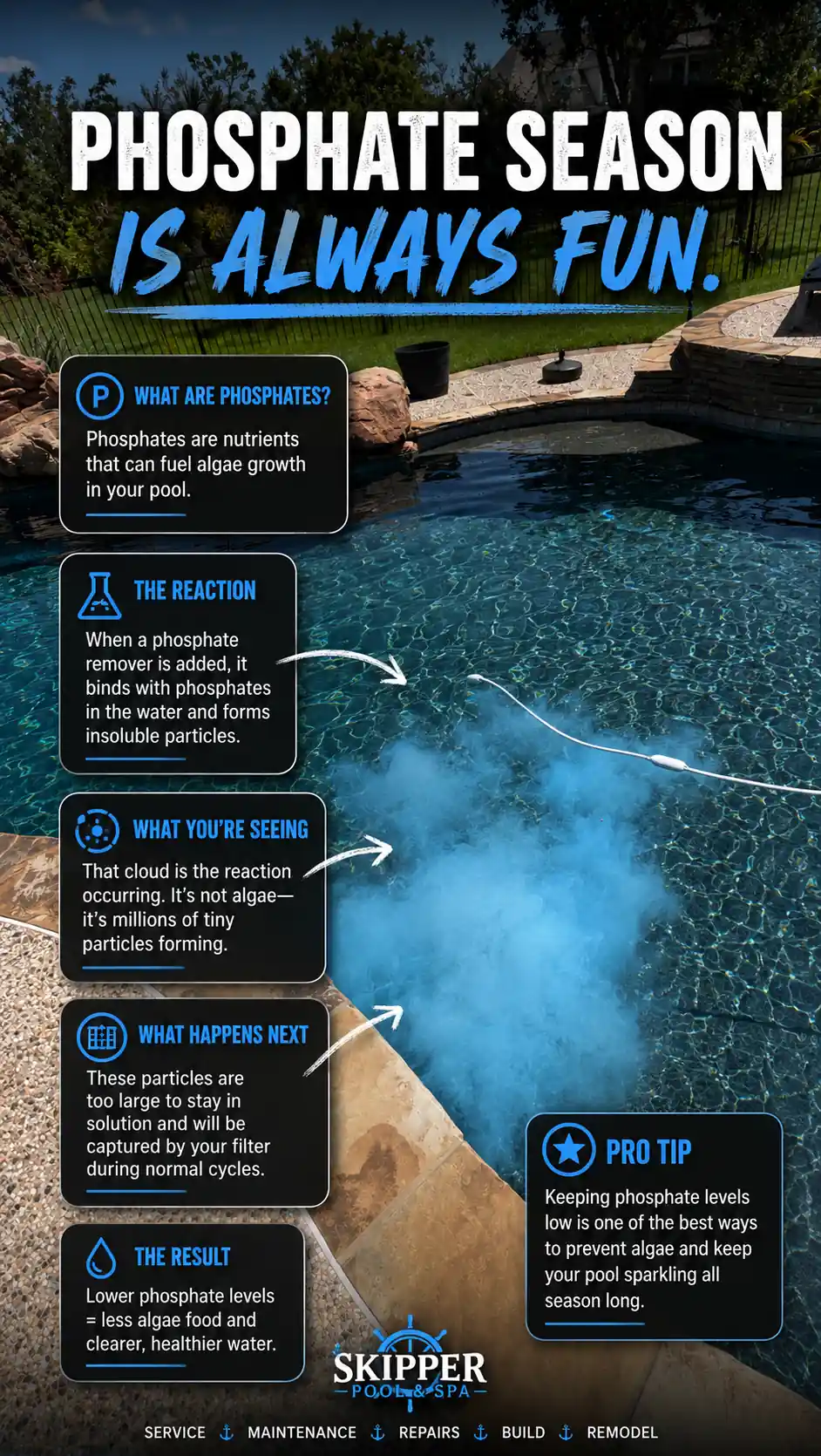 Phosphate season infographic: the blue cloud is phosphate remover binding phosphates into particles the filter catches