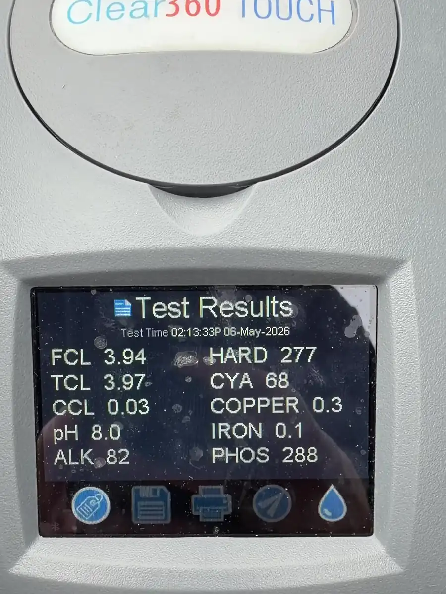 Water test results on the analyzer screen