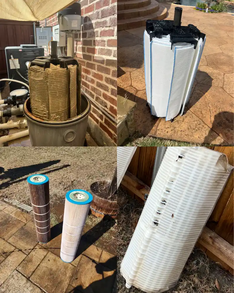 Filter clean before and after: dirty cartridge in the housing, cleaned white cartridge, old vs new cartridge, and a damaged grid