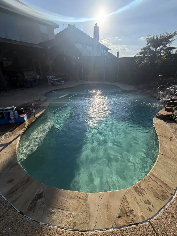 Kidney-shaped pool sparkling in the afternoon sun