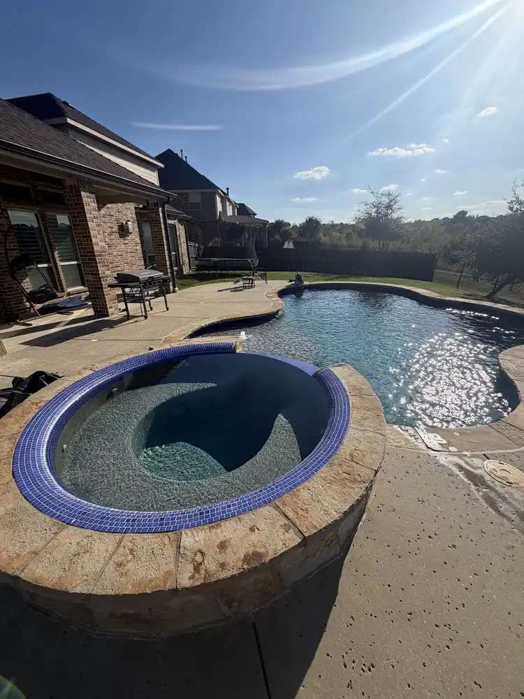 Sunny backyard pool with a round blue-tile spa
