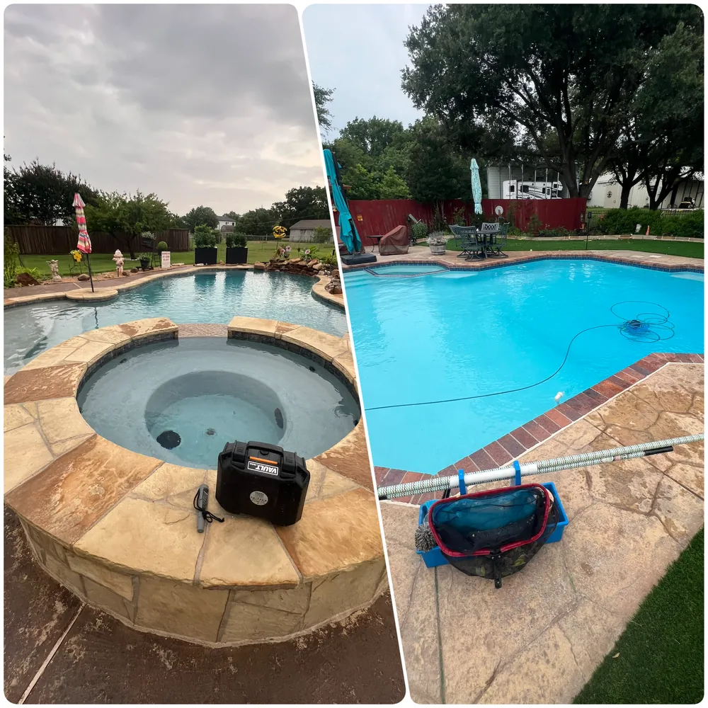 Two pools on the route: a flagstone spa and a bright freeform pool