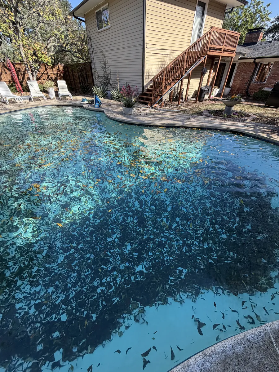 Sparkling blue pool seen from the deck steps